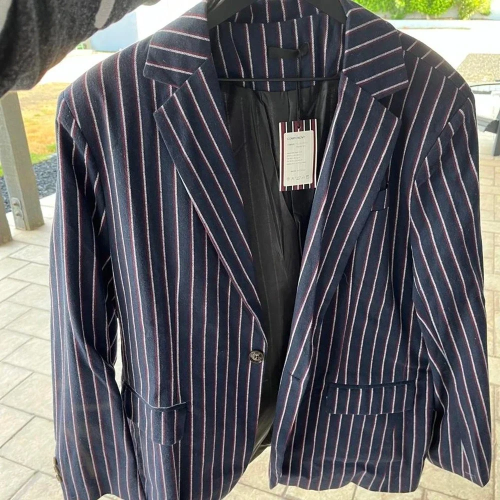 Men's Navy Blue Pinstripe Single Button Casual Blazer